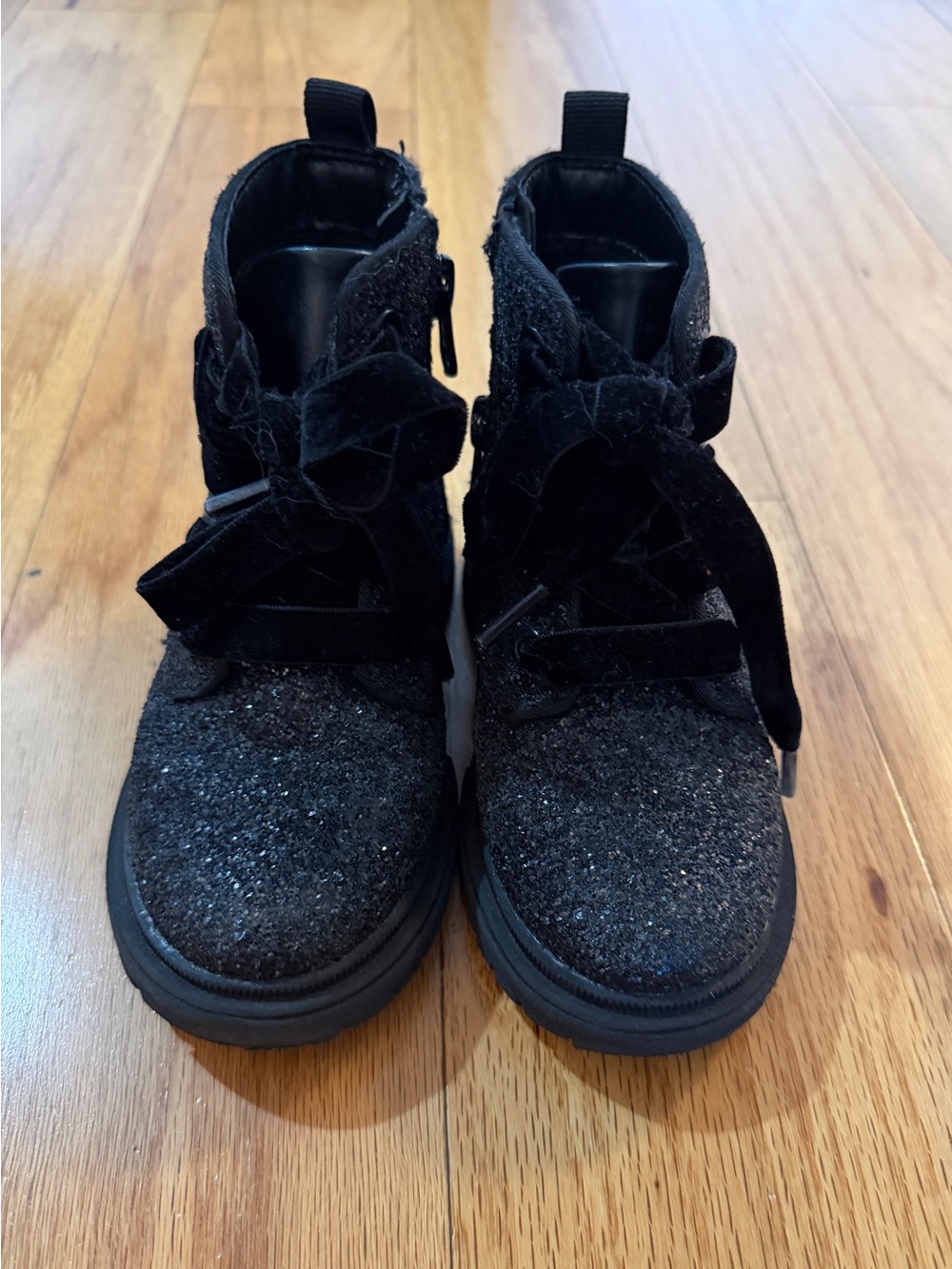 Cat & Jack “Khloe” Black Glitter Velvet Lace-Up Boots - toddler 9
